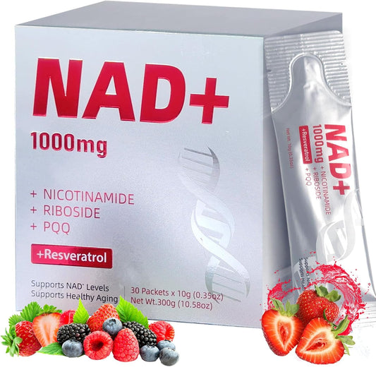 High-Potency 1000mg Nicotinamide Riboside with Resveratrol, PQQ & Quercetin Liquid Supplement, Berry Flavor Drink Mix, Boosts Cellular Energy, Focus & Anti-Aging, 30 Packets