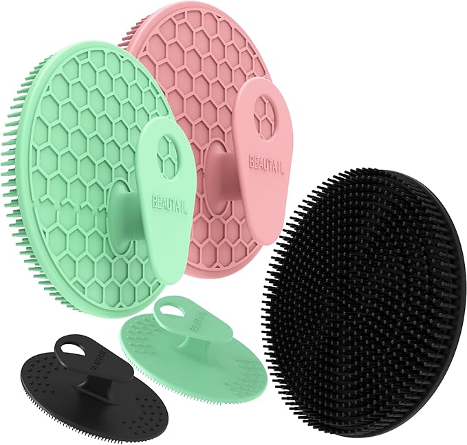 Silicone Body and Face Scrubber Set 5 Pack, BEAUTAIL Shower Bath Scrubber, Gentle Exfoliating Brush for Women Men Sensitive Skin, More Hygienic Than Traditional Loofah, Long Lasting, Black+Pink+Green