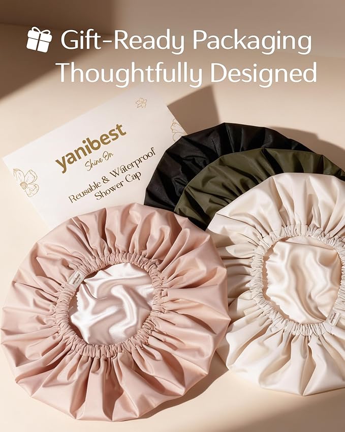 Yanibest Satin Lined Shower Cap for Women Reusable Waterproof, Large Bath Cap with Soft Elastic Band, Luxury Hair Protection Caps (Peachy Pink)