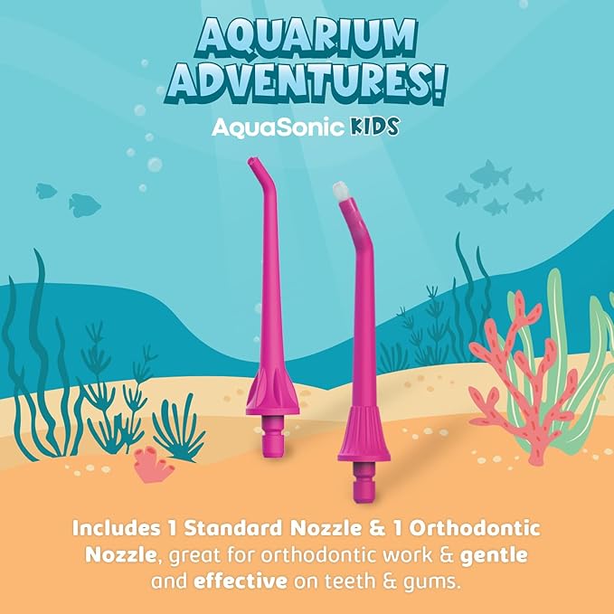 AquaSonic Kids' Water Flosser for Ages 6+ | Standard Nozzle, Orthodontic Nozzle & Waterproof Stickers | 4 Flossing Modes | Aquarium Adventures Theme (Pink)