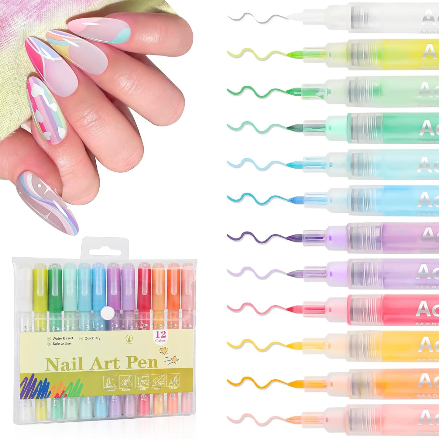 EBANKU 12 Colors Nail Art Pens Acrylic Paint Marker, Nail Polish Pens Quick Drying 0.7MM 3D Acrylic Paint Pens Clear Handle Nail Point Liner Drawing Painting Dotting Tool for Nail Art Design(Set B)
