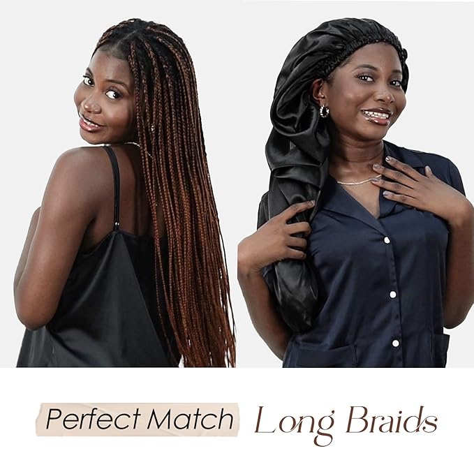 YANIBEST Satin Sleep Bonnet for Natural Hair - Extra Double Layer Long Adjustable Silk Hair Bonnet for Braids, Locs, Curls - Women’s Night Hair Protection Cap