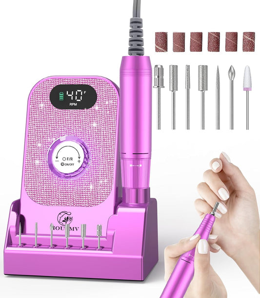 Portable Nail Drill Electric File: Professional Nail E File Machine 40000RPM for Acrylic Nails Remove Nail Gel Polish Manicure, Rechargeable Cordless Diamond Nail Drill with Bits & Base for Salon Home