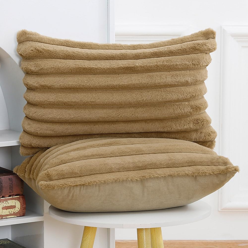MADIZZ Set of 2 Faux Wool Plush Decorative Throw Pillow Covers 12x20 Inch Camel Fluffy Striped Soft Decorative Cushion Cover for Sofa Bedroom Pillow Shell
