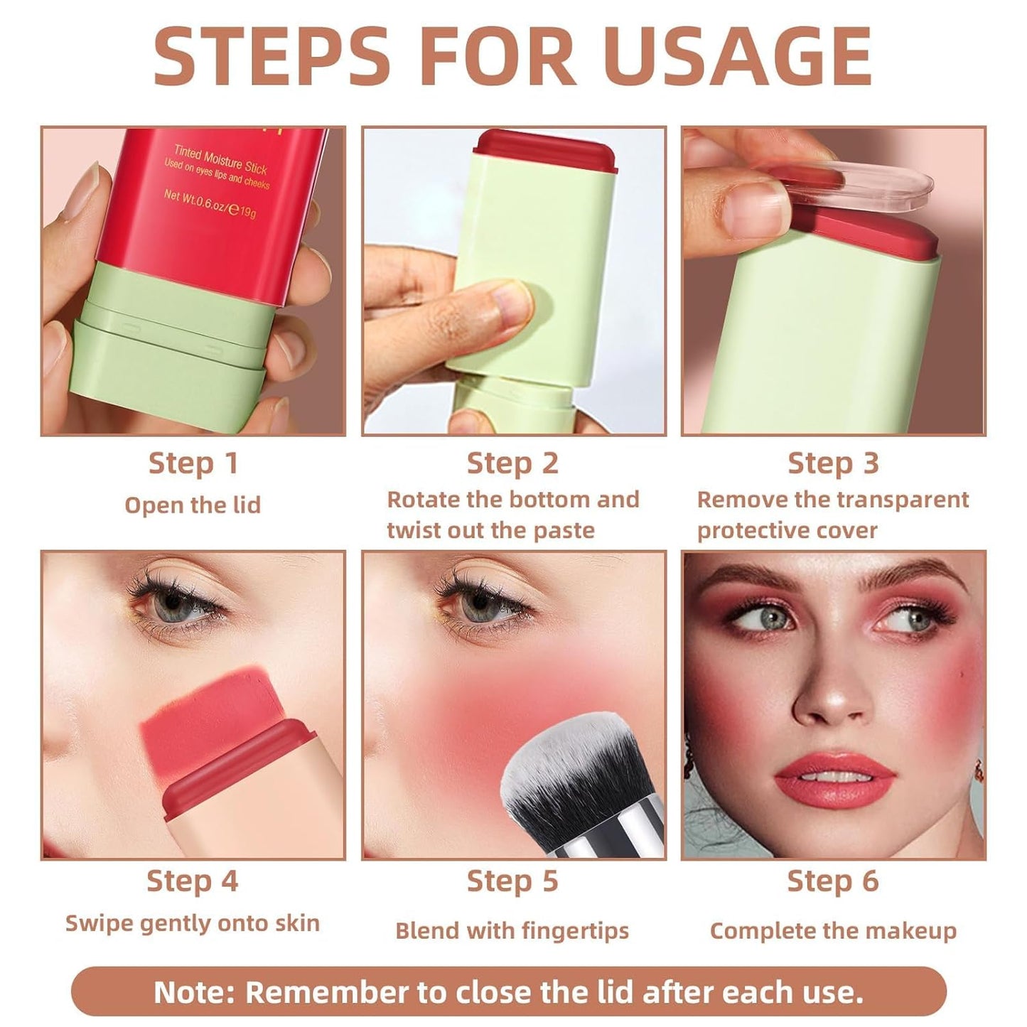 Cream Blush Stick for Cheeks, Multi-Use Makeup Blush Stick for Eyes Lips Face, Travel-Friendly Tinted Solid Moisturizer Matte Blush, Natural Glow Blendable Smooth Blusher with Brush-Hot Red