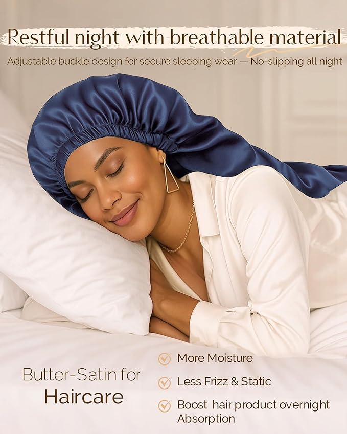 YANIBEST Satin Sleep Bonnet for Natural Hair - Extra Double Layer Long Adjustable Silk Hair Bonnet for Braids, Locs, Curls - Women’s Night Hair Protection Cap