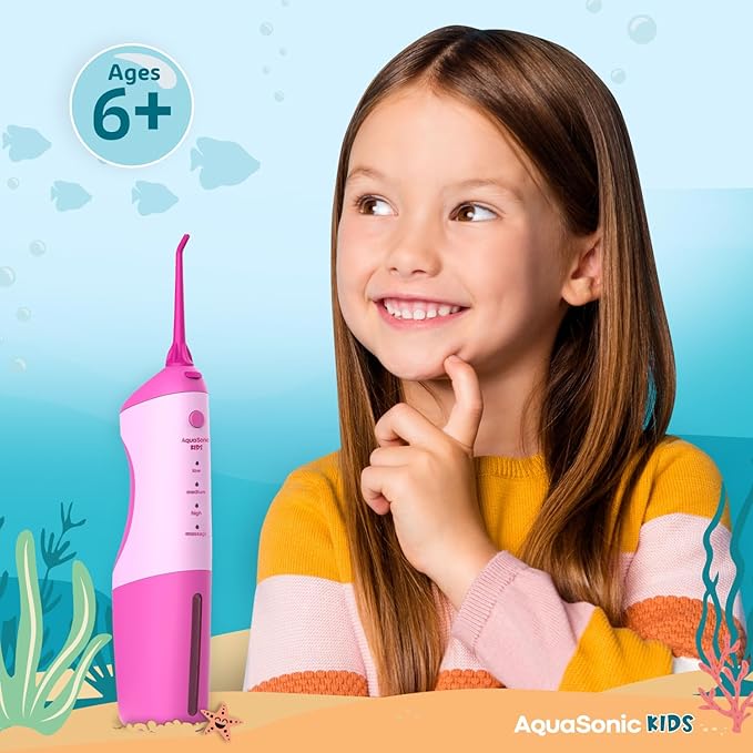 AquaSonic Kids' Water Flosser for Ages 6+ | Standard Nozzle, Orthodontic Nozzle & Waterproof Stickers | 4 Flossing Modes | Aquarium Adventures Theme (Pink)