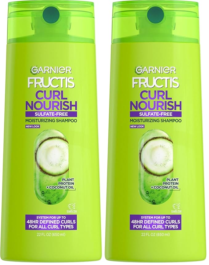 Garnier Fructis Curl Nourish Shampoo, Curly Hair Shampoo with Coconut Oil and Plant Protein, Up to 48HR Defined Curls for all Curl Types, 22 Fl Oz (Packaging May Vary) (Pack of 2)