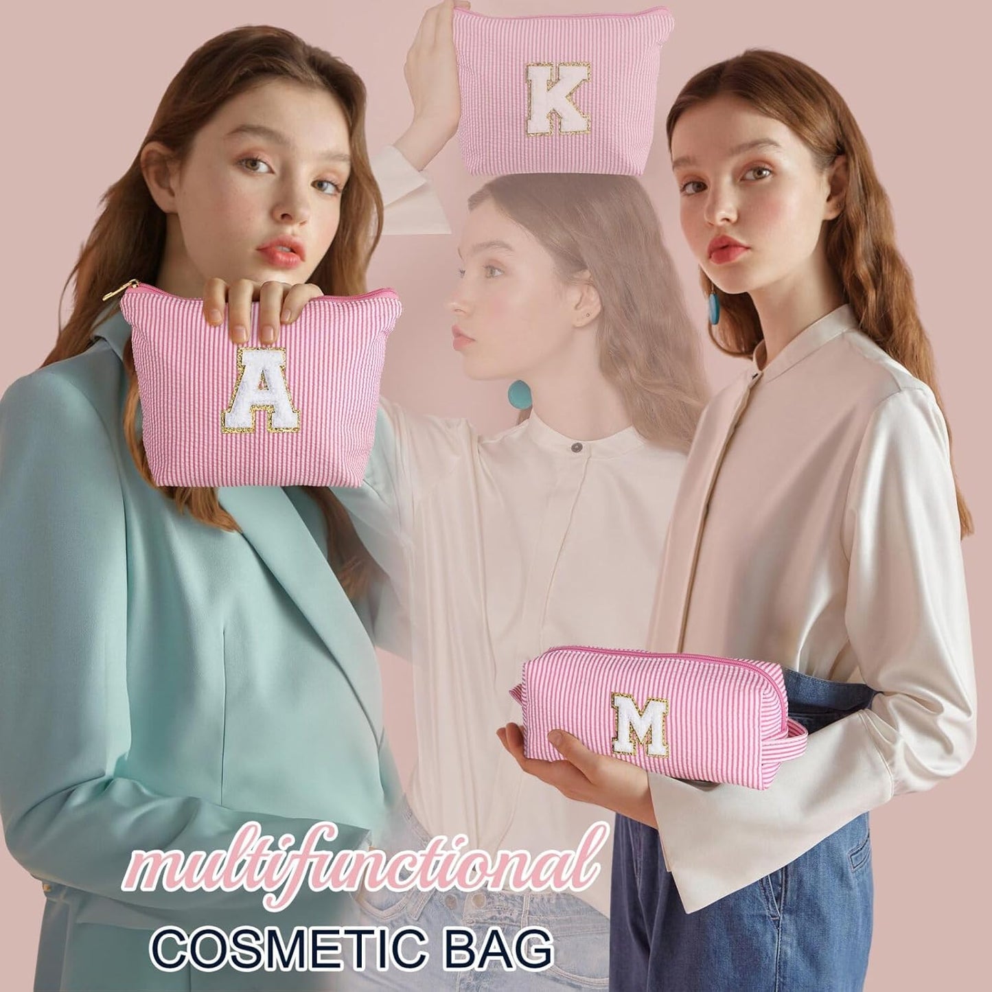 YOOLIFE Mom Birthday Gifts for Women, Personalized Monogram Makeup Bag Cosmetic Bag Travel Toiletry Bag Birthday Gifts for Women Her Bridesmaid Friend Sister Wife Girlfriend Daughter Gifts Pink I