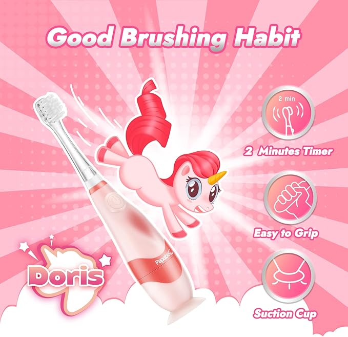 Papablic Toddler Sonic Electric Toothbrush Kids for Ages 1-3 Years, Baby Electric Toothbrush with Cute Unicorn Cover and Smart LED Timer, 4 Brush Heads (Doris)
