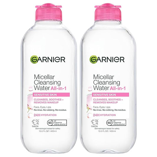Garnier Micellar Water, Hydrating Facial Cleanser & Makeup Remover, Suitable for Sensitive Skin, Vegan, Cruelty Free, 13.5 Fl Oz (400mL), 2 Count
