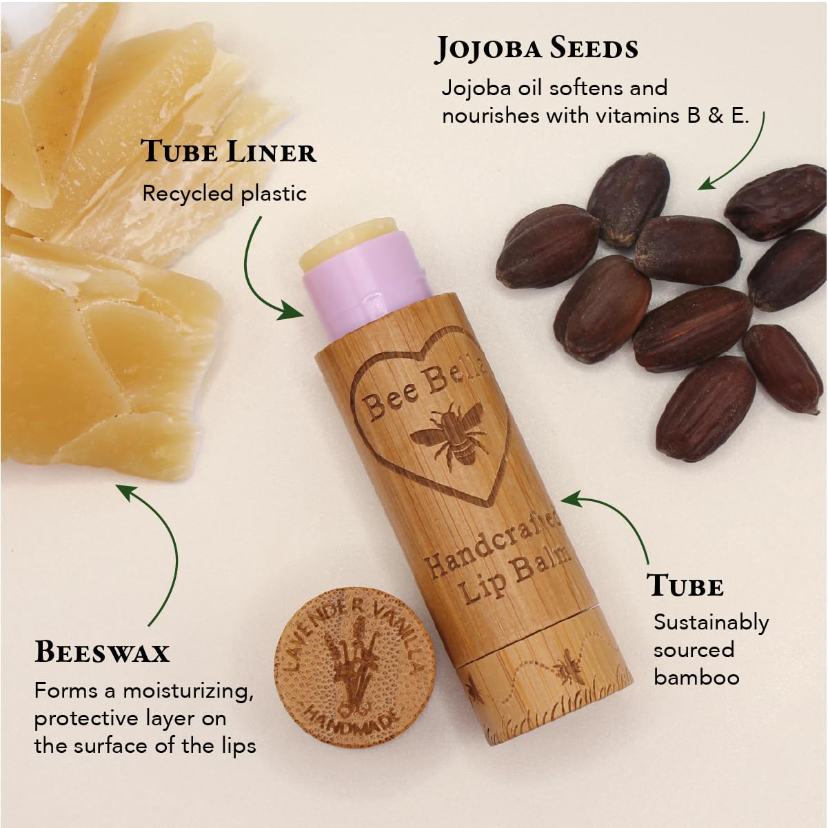 Bee Bella Lip Balm, Lavender Vanilla, 3 Pack - Moisturizing Lip Care, 100% Natural, Original Organic Beeswax with Vitamin E, Handmade in USA, Gift