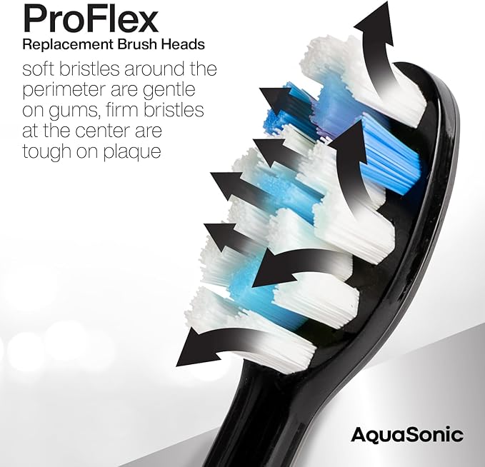 AquaSonic Genuine Proflex Replacement Brush Heads | ADA Accepted | for Whiter Teeth & Gum Care | Compatible with Many AquaSonic Toothbrush Handles (8 Pack Black)