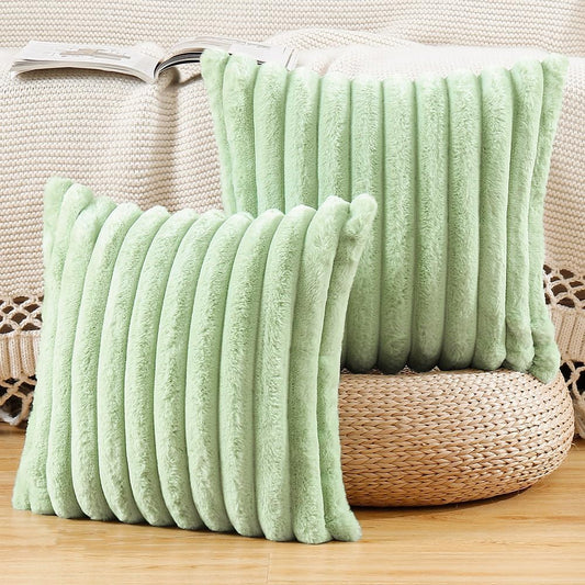 MADIZZ Set of 2 Faux Wool Plush Decorative Throw Pillow Covers 20x20 Inch Light Green Fluffy Striped Soft Decorative Cushion Cover for Sofa Bedroom Pillow Shell