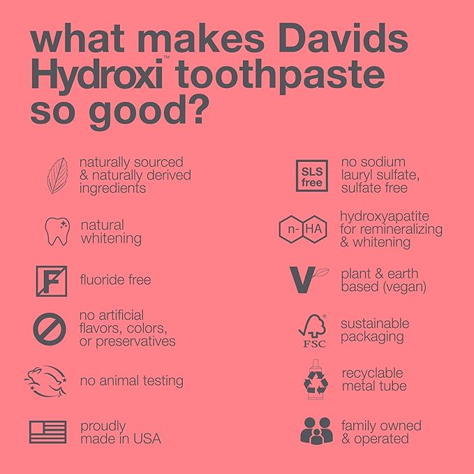 Davids Hydroxi Strawberry Watermelon Fluoride Free Nano Hydroxyapatite Toothpaste for Enamel Health & Whitening, Antiplaque, SLS Free, Kid Friendly Flavor, 4 oz, Made in USA