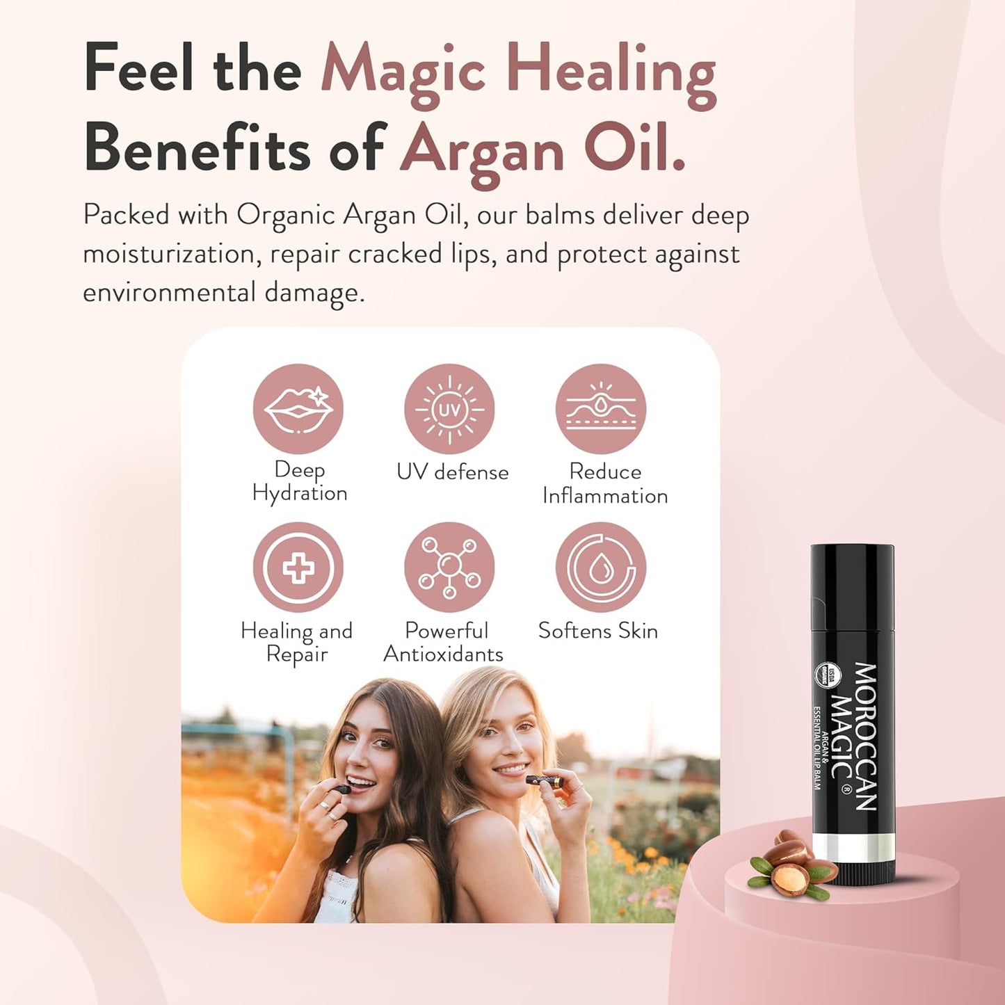 Moroccan Magic Organic Rose Lip Balm 3 Pack | Ultra-Hydrating Argan & Essential Oil Lip Moisturizer + Vitamin E | Natural Chapstick for Dry Lips | Smooth, Non-Toxic | Organic Lip Balm