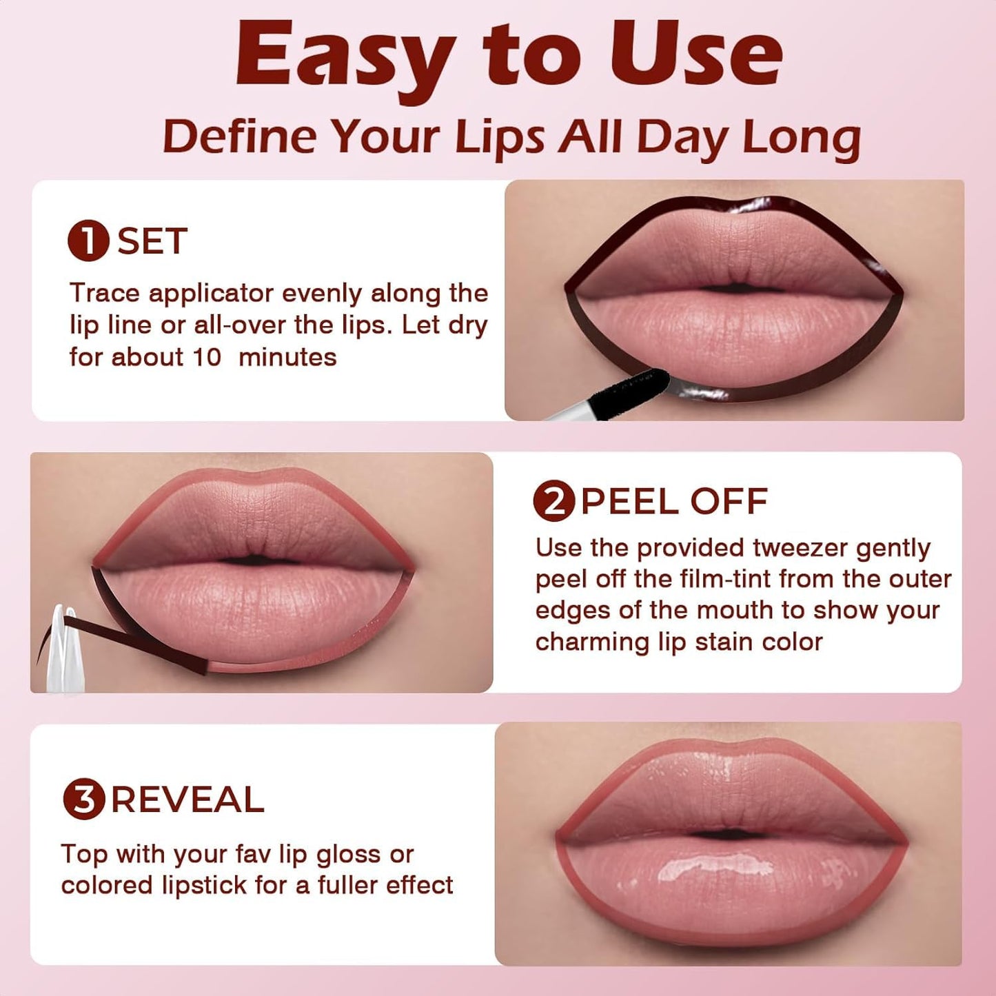 Lip Liner Stain Peel Off with Tweezer, Long Lasting Matte Lip Tattoo, Highly Pigmented Color Lip Makeup, Waterproof, Transfer-proof Lipstain for Women, Nude Pink