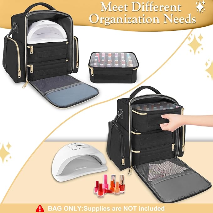 YOREPEK Nail Polish Organizer Holds Up to 72 Bottles (15ml-0.5 fl.oz) Nail Polish Carrying Case with 3 Removable Pouches and 4 Zippered Pockets for Manicure Tools, Supplies, Nail Lamp, Gifts for Women