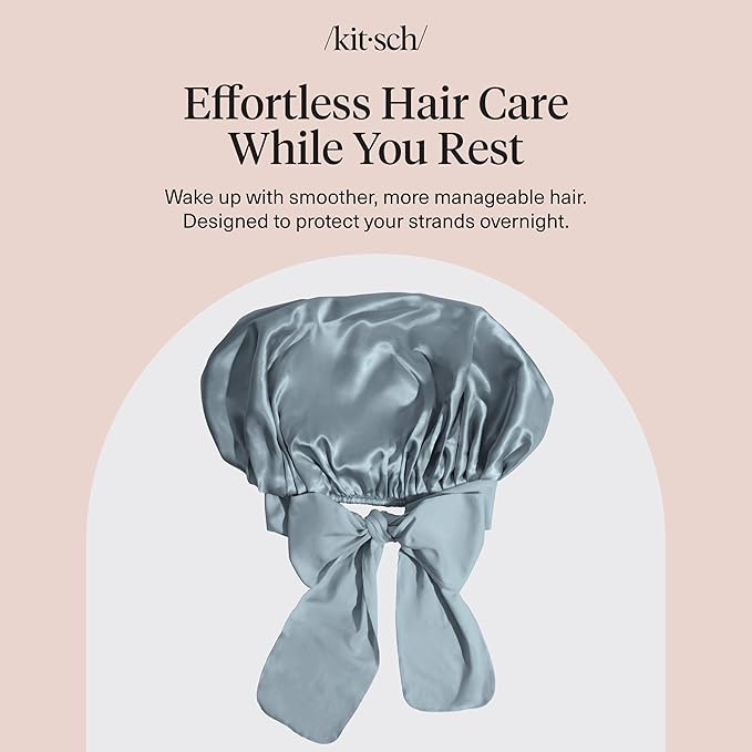 Kitsch XL Satin Bonnet for Sleeping - Softer Than Silk Bonnet For Sleeping Women - Secure Fit, Adjustable, Night Cap For Curly & Textured Hair - Prevents Breakage, Tangles & Thinning - Haze Blue