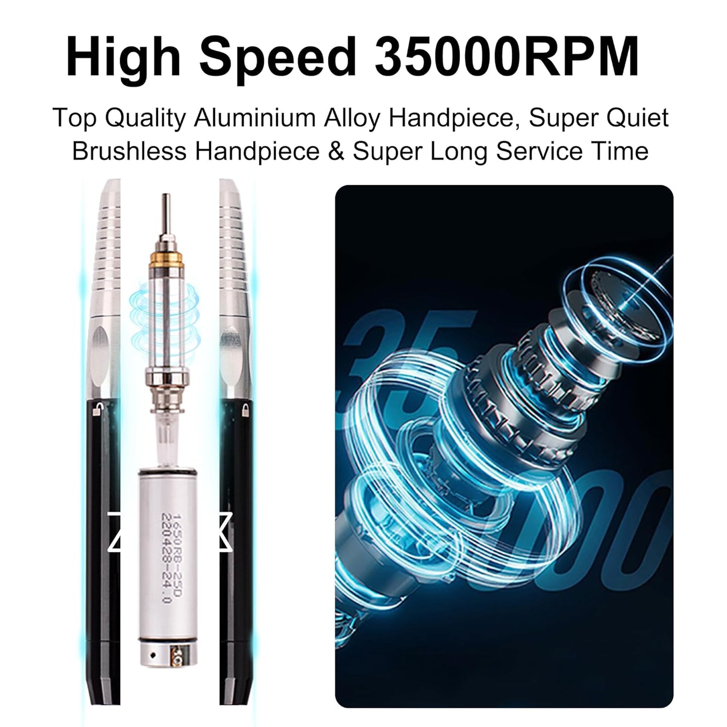M - Max Brushless Motor Nail Drill Handpiece Only - 35K RPM | Machine Not Included | Compatible with M Brushless Nail Drill System (Handpiece - Black)