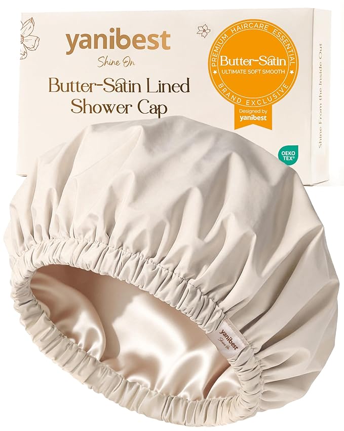 Yanibest Satin Lined Shower Cap for Women Reusable Waterproof, Large Bath Cap with Soft Elastic Band, Luxury Hair Protection Caps (Beige)