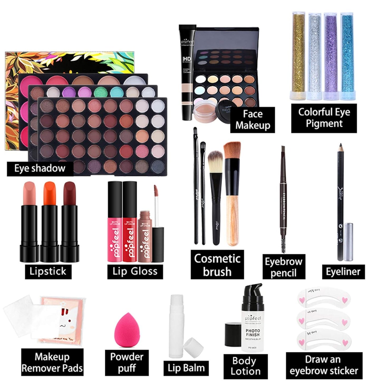 All-in-one Makeup Set Holiday Gift | Full Makeup Kit for Women Essential Starter Bundle Include Eyeshadow Palette Lipstick Blush Cream Concealer Face Powder Eyeliner Mascara Lipgloss Brush