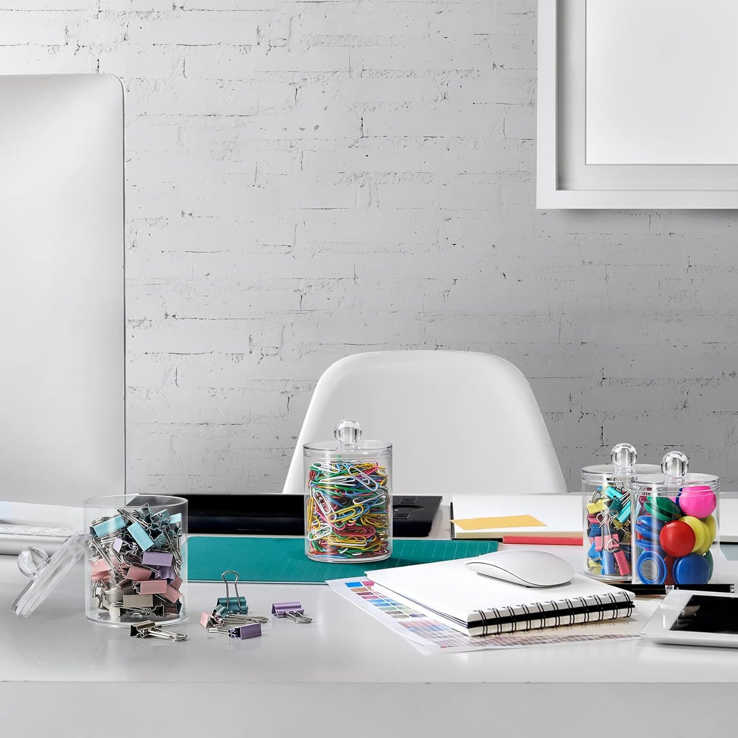 AOZITA 8 Pack Acrylic Qtip Holder Dispenser with Lids & Labels, Cotton Swab, Ball, Round Pads, Floss Picks Storage Canister - Clear Plastic Apothecary Jar for Bathroom Vanity Makeup Organizer