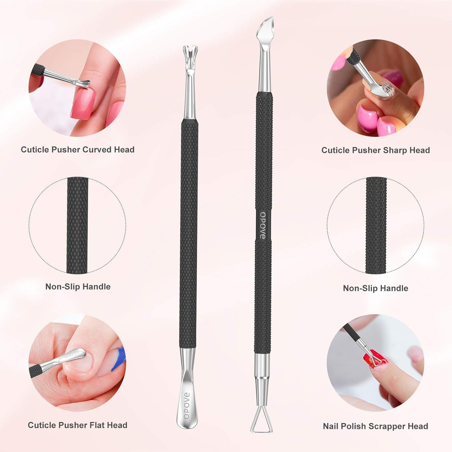 Cuticle Pusher Nail Polish Remover Stainless Steel Manicure Tool Set Gel Nail Polish Peeler Scraper Nail Cleaner Pedicure Kit for Fingernail and Toenail, opove P1, Matter Black…