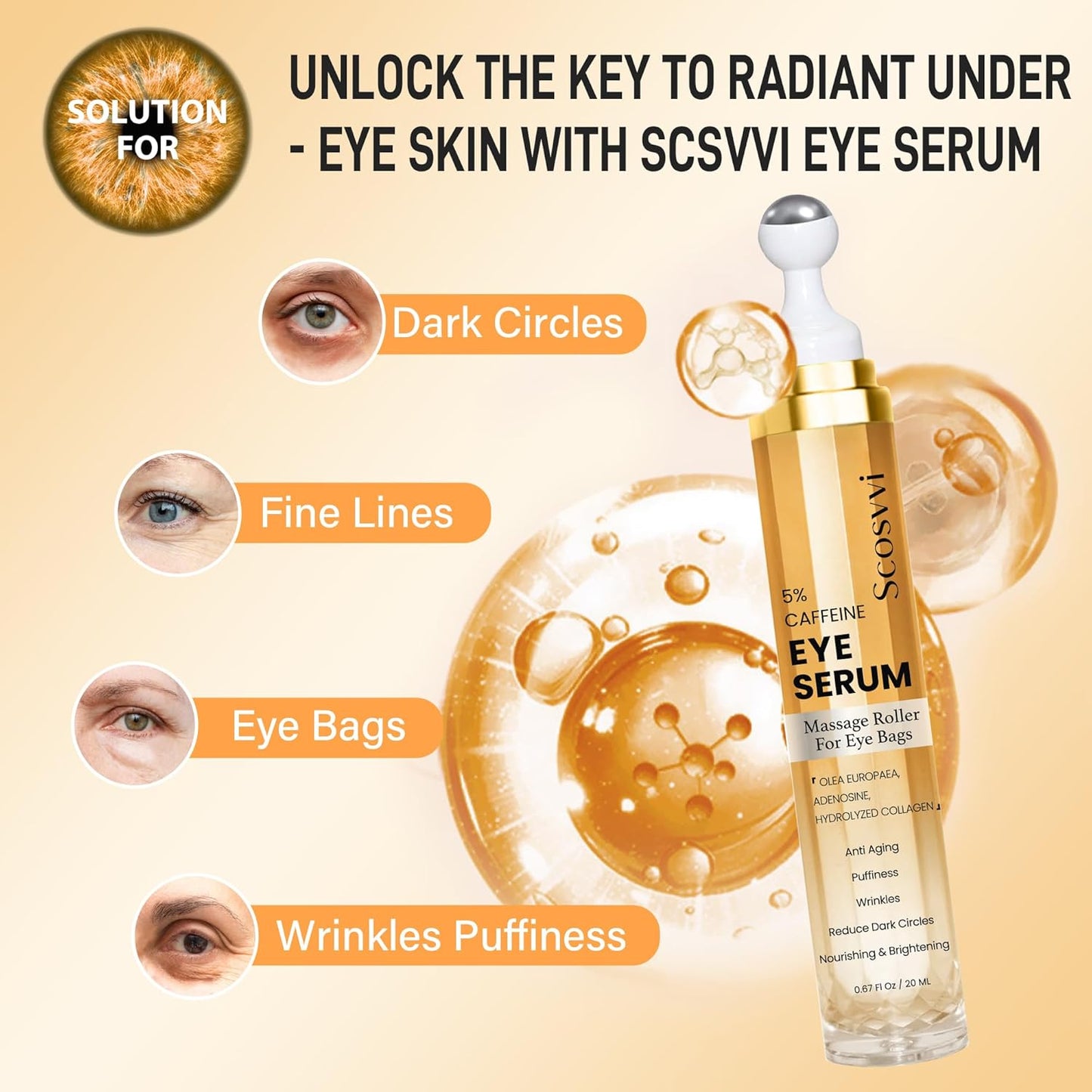 Caffeine Eye Serum for Dark Circles, Anti Aging, Puffiness & Fine Lines With Ice Roller for Puffy Eyes & Under Eye Bags, Eye Skin Care For Women & Men
