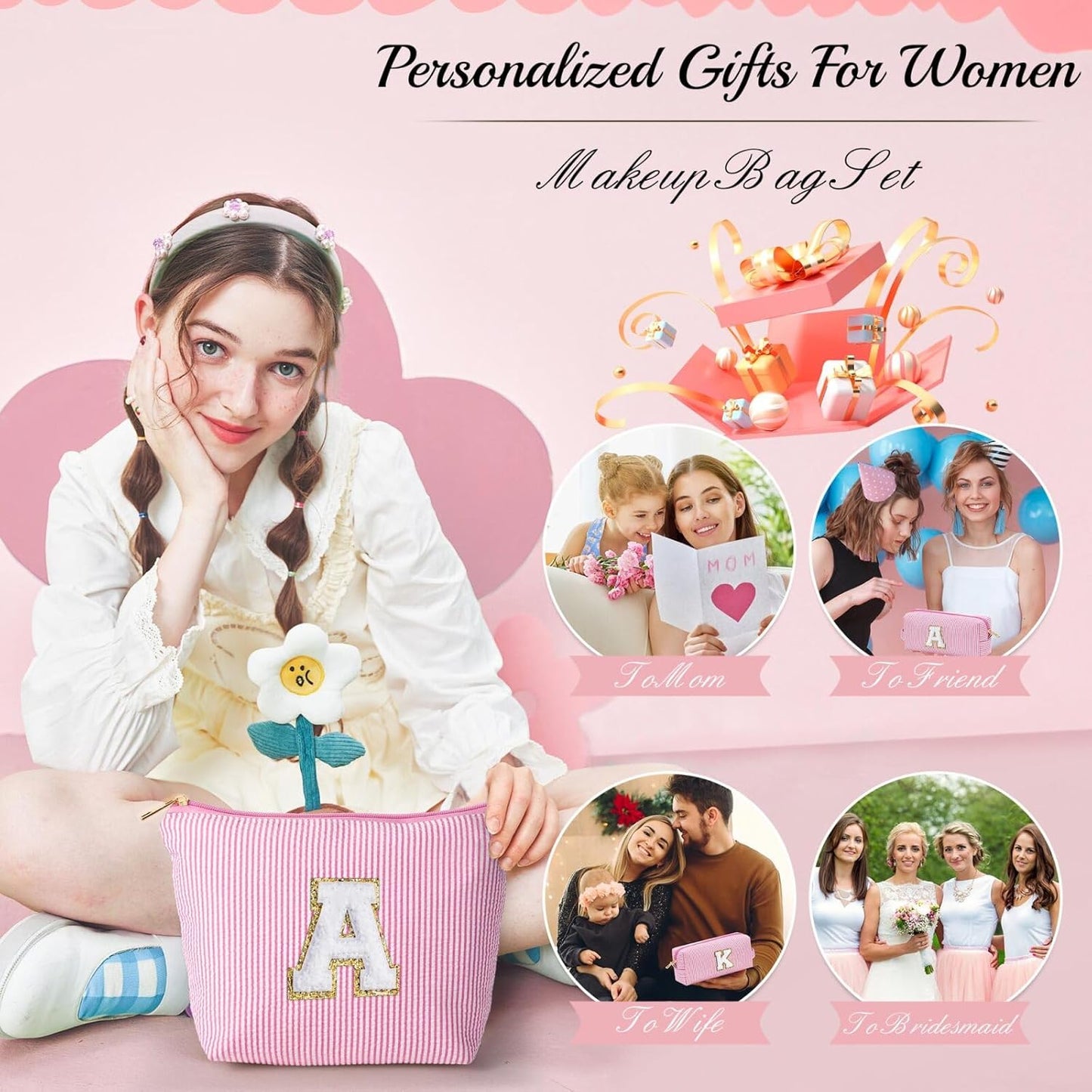 YOOLIFE Makeup Bag for Women, Personalized Initial Cute Makeup Pouch for Girlfriend Bridesmaid Wife | Cosmetic Travel Toiletry Bag for Friend Female Sister | Birthday Gift Idea for Her Mom Pink F