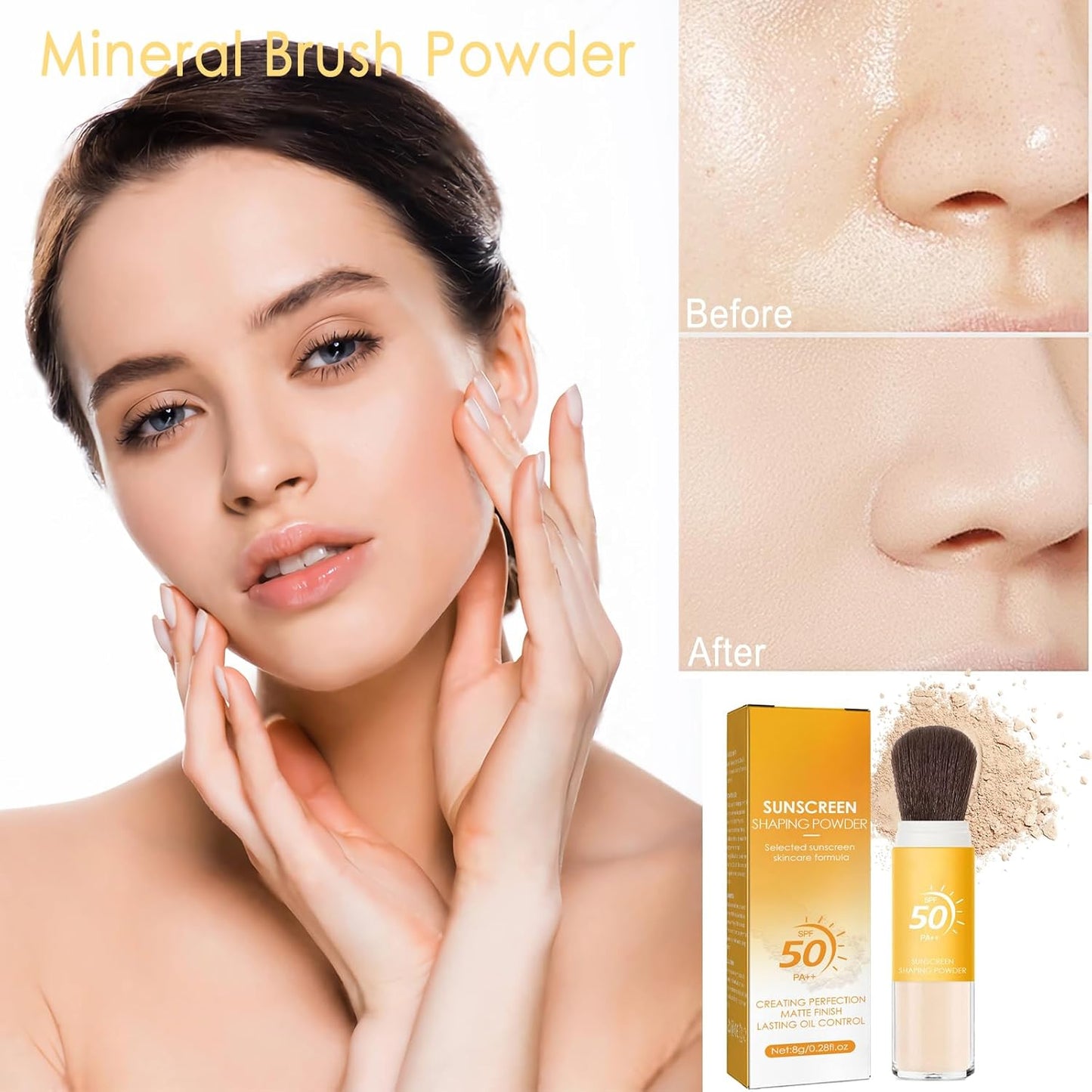 Mineral Sunscreen Setting Powder, SPF 50 PA++, Mineral Brush Powder, Matte Translucent Loose Setting Powder, Natural Oil Control Lightweight Face Powder for All Skin, Smooth, Lasting, Breathable