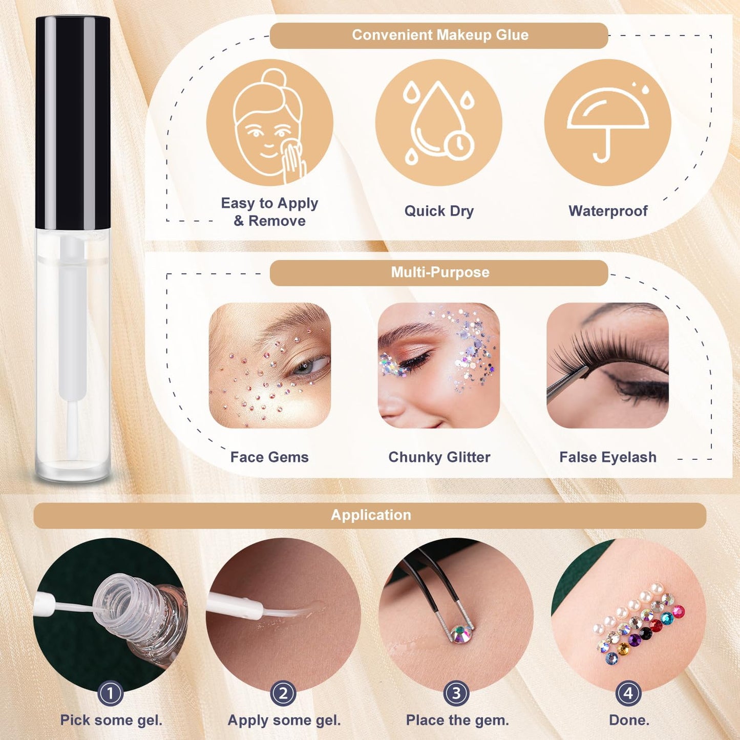 Colorful Face Gems for Makeup Set, Flatback Gorgeous Glass Clear Gems+Mixed-Colored Crystals with Picker Pencil, Makeup Glue, Dual-End Dotting Tool, Tweezer for Eye Body Hair Make-up and Nail Art Deco