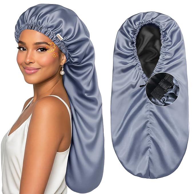 YANIBEST Satin Sleep Bonnet for Natural Hair - Extra Double Layer Long Adjustable Silk Hair Bonnet for Braids, Locs, Curls - Women’s Night Hair Protection Cap