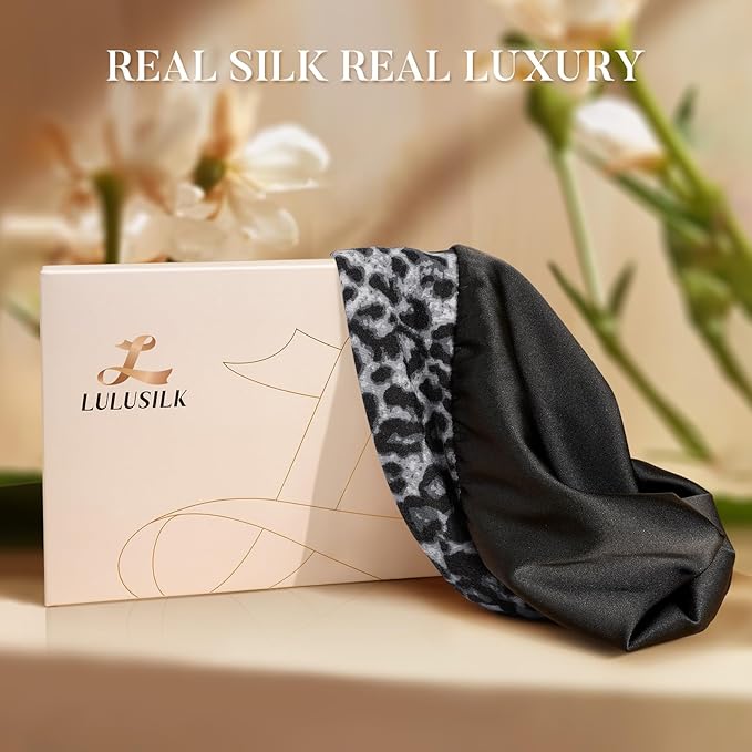 LULUSILK 100% Mulberry Silk Lined Sleep Cap, No More Frizzy Tangled Hair, Stay On All Night Adjustable Silk Hair Wrap for Sleeping, Black Leopard, Pack of 1