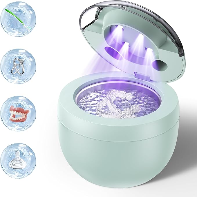 Ultrasonic Retainer Cleaner Machine, 45kHz Ultrasonic Denture Cleaner with 200ML Capacity & 4 Modes for Dental Cleaning Pod, Aligners, Mouthguards, Retainers, Jewelry, Green