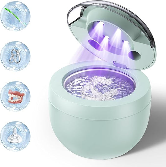 Ultrasonic Retainer Cleaner Machine, 45kHz Ultrasonic Denture Cleaner with 200ML Capacity & 4 Modes for Dental Cleaning Pod, Aligners, Mouthguards, Retainers, Jewelry, Green