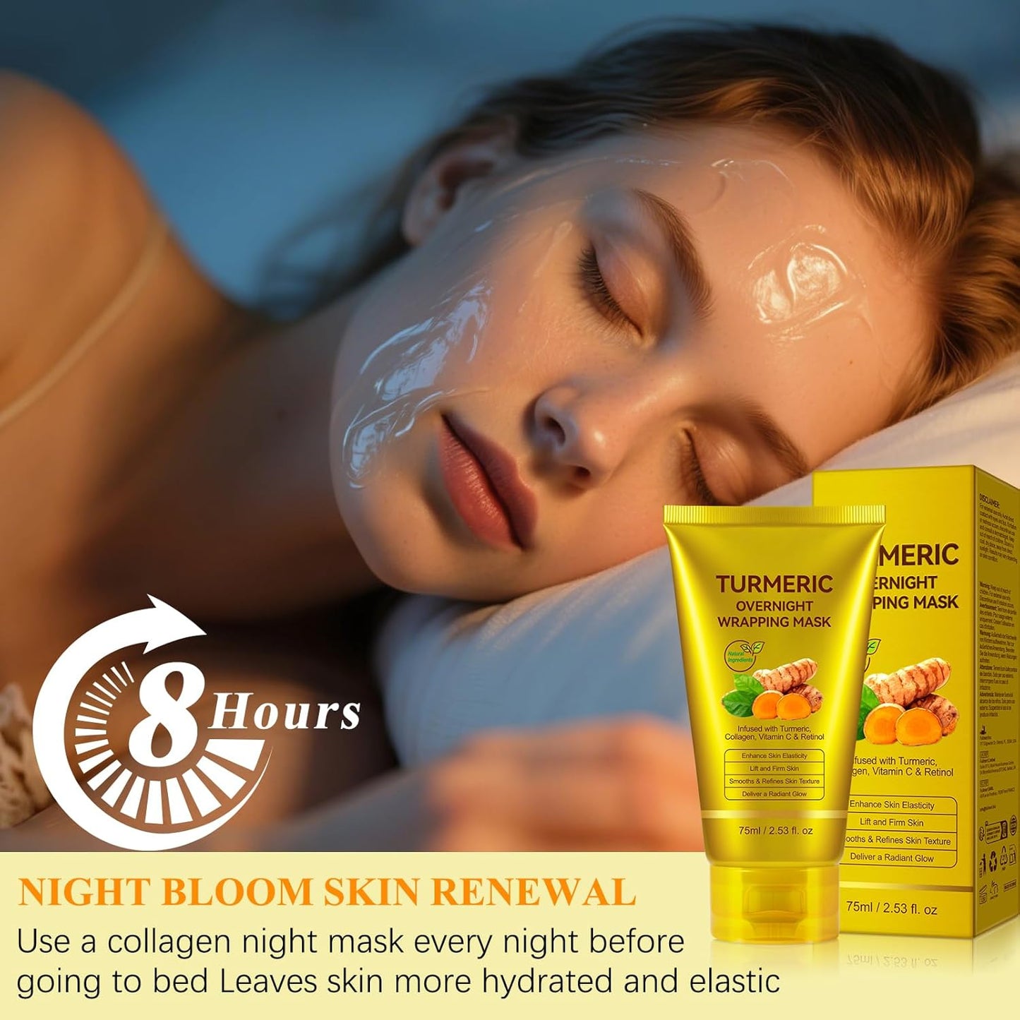 Turmeric Vitamin C Collagen Overnight Wrapping Peel Off Mask for Lifting & Firming Face/Neck, Saggy/Dull/Roughed Skin treatment for Clear, Dewy, Radiant Face, 2.53 Oz/75 ML