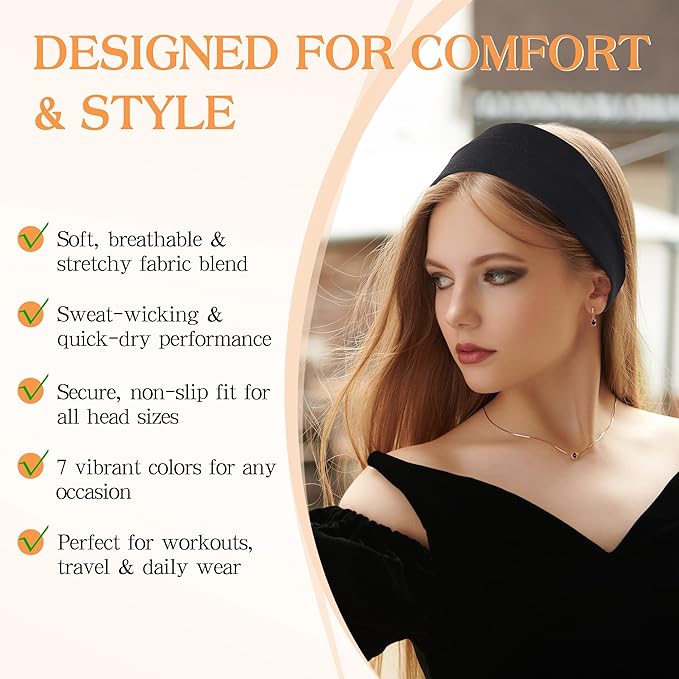 Headbands for Women, Stretchy Non Slip Soft Cotton Cloth Hair Bands for Sports, Workout, Yoga and Running, 7pcs