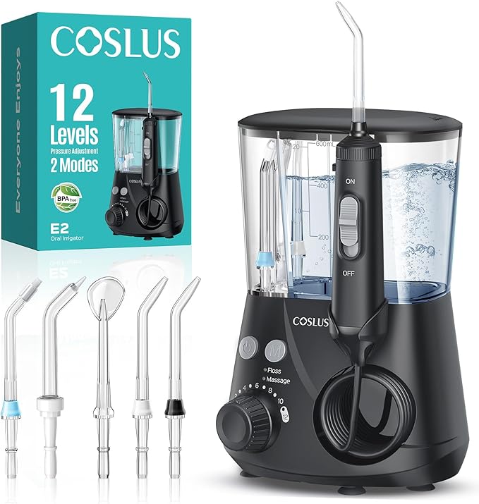 COSLUS E2 Advanced Water Flosser for Teeth: 2 Modes & 12 Pressure Settings Electric Dental Pick for Orthodontic, Braces, Sensitive Gums - Home Use, 5 Jet Tips for Multiple Users, Family, Black