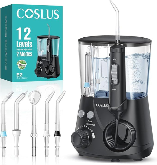 COSLUS E2 Advanced Water Flosser for Teeth: 2 Modes & 12 Pressure Settings Electric Dental Pick for Orthodontic, Braces, Sensitive Gums - Home Use, 5 Jet Tips for Multiple Users, Family, Black