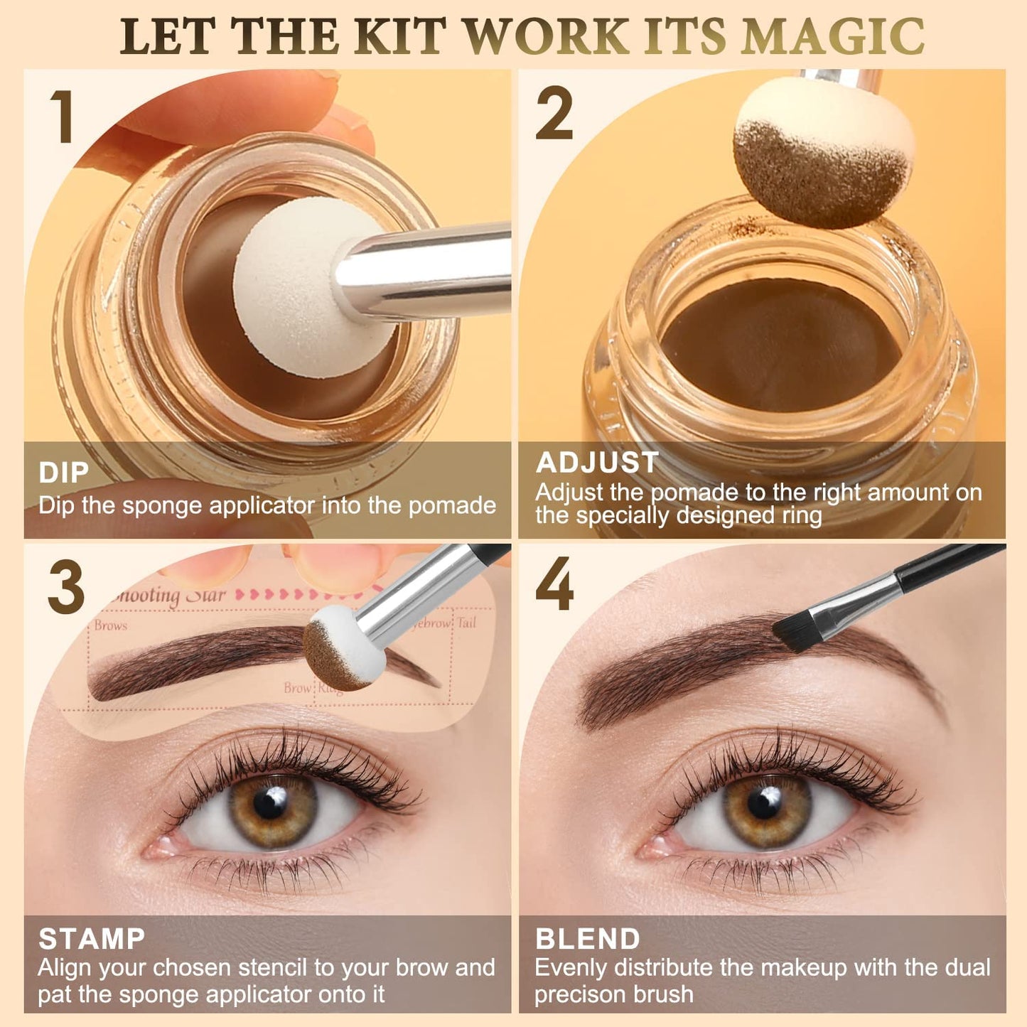 LAVONE Eyebrow Stamp Stencil Kit for Eyebrow, Brow Stamp Trio Kit with Waterproof Eyebrow Pencil, Eyebrow Pomade,20 Eyebrow Stencils,Dual-ended Eyebrow Brush and Sponge Applicator - Grey