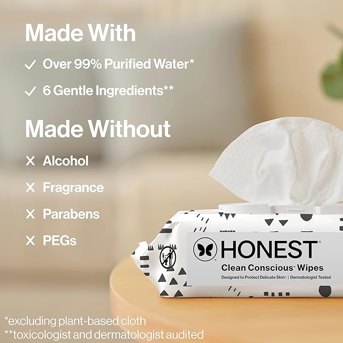 The Honest Company Baby Wipes for Sensitive Skin, Hypoallergenic, Fragrance-Free, Multi-Use, Pattern Play Design, 720 Count (8 Packs of 90)