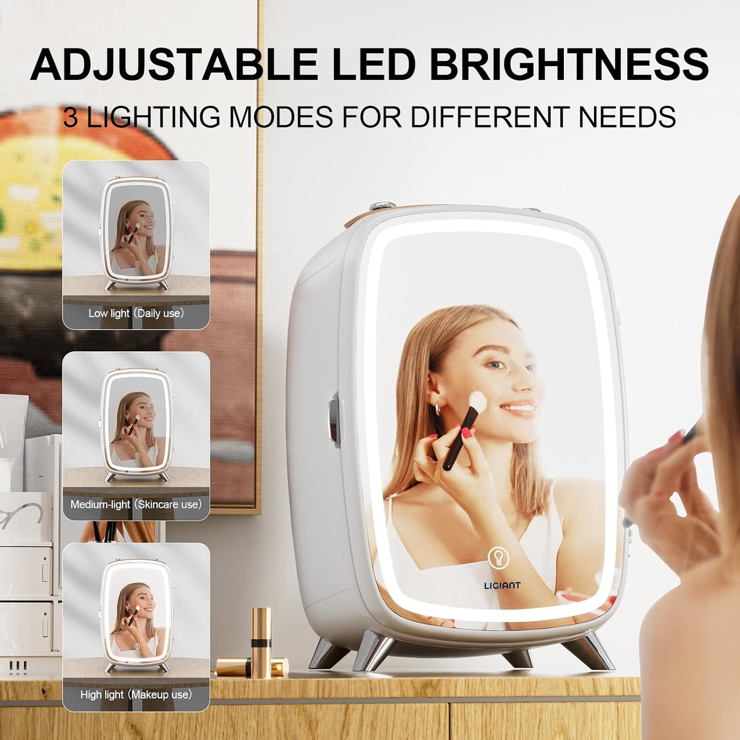 Skincare Fridge, With 3-Level Dimmable LED Light Mirror, Low Noise Beauty Fridge, 6L Large Capacity, Semiconductor Cooling, Portable Design for Multiple Uses - Bedroom, Office, and Travel