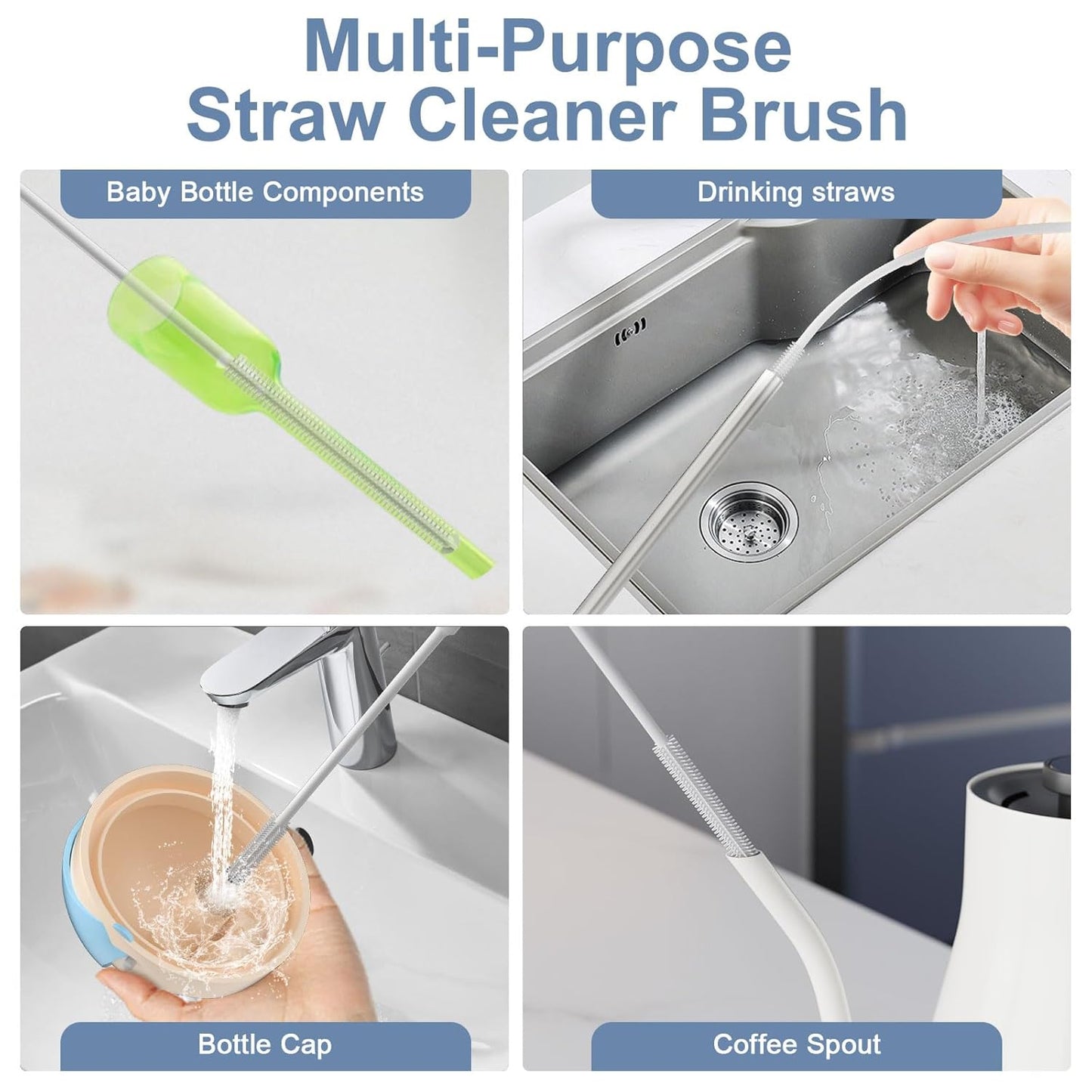 Reusable Silicone Straw Cleaner Brush Set, 2-Pack Extra Long Straw Cleaning Brush for Metal/Glass/Water Bottle/Drinking Straws, Flexible&Bendable Design, Dishwasher Safe, 6mm & 8mm Diameter