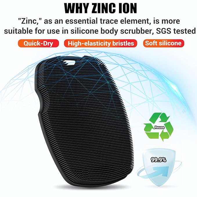 Silicone Body Scrubber - Zinc Infused-Highly Elastic Bristles Exfoliating Body Scrubber for Shower Body,Cellulite Reduction,Blood Circulation- Black