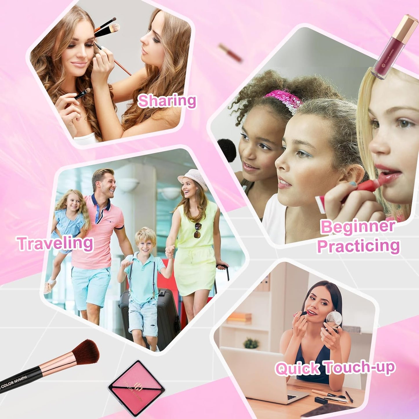 Color Nymph Starter Makeup Kit for Tweens Girls, Train Case for Women Full Kit with Eye Shadow, Lipstick, Blush, Brushes, Lipgloss, Mascara, Brow Wax and Mirror Pink Full Starter Cosmetics Set