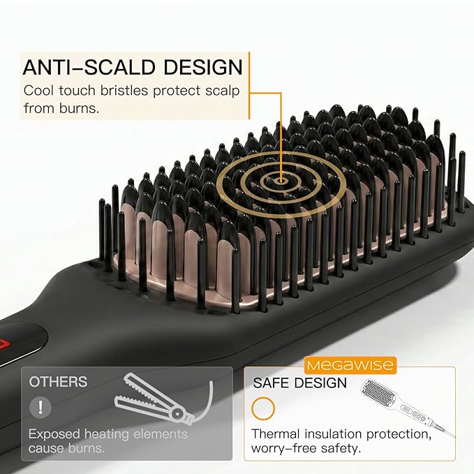 MEGAWISE Pro Ceramic Ionic Hair Straightener Brush for Home Salon, Straightening Hair Brush with 20s Heating Tech, Auto-Off, Anti-Scald with Universal Dual Voltage,Rotatable Power Cord, Black
