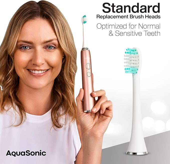 AquaSonic Genuine Standard Replacement Brush Heads | ADA Accepted | for Normal & Sensitive Teeth | Compatible with Many AquaSonic Toothbrush Handles (8 Pack White)