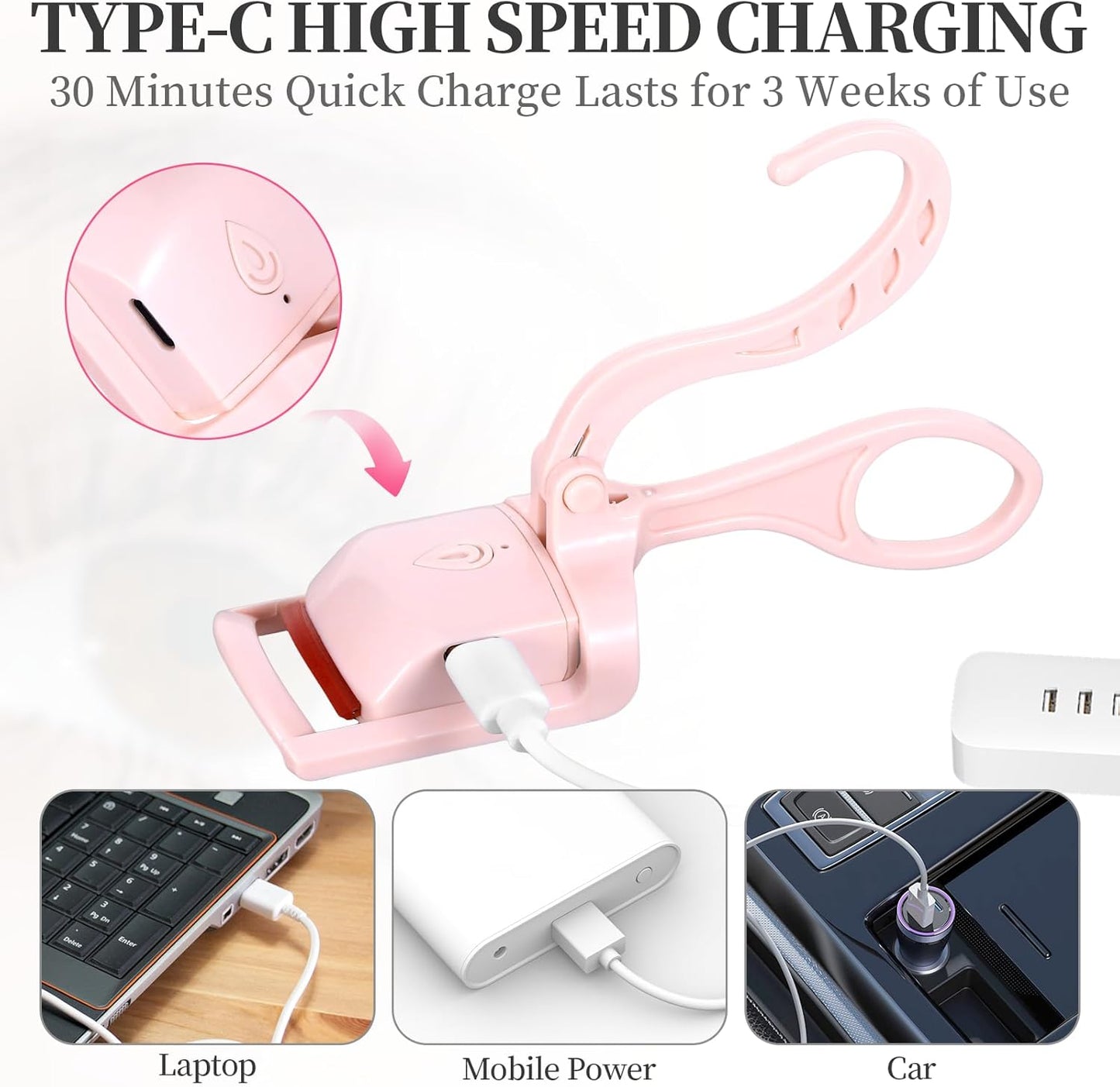 Heated Eyelash Curler, Rechargeable Electric Eyelash Curlers Fast Heat Up in 5s for 24 Hours Long Lasting, C-Shaped Safe Anti-Burn Quick Natural Eyelash Separator Tool Lash Comb (Pink)