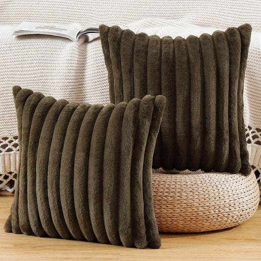 MADIZZ Set of 2 Faux Wool Plush Decorative Throw Pillow Covers 24x24 Inch Drak Brown Fluffy Striped Soft Decorative Cushion Cover for Sofa Bedroom Pillow Shell